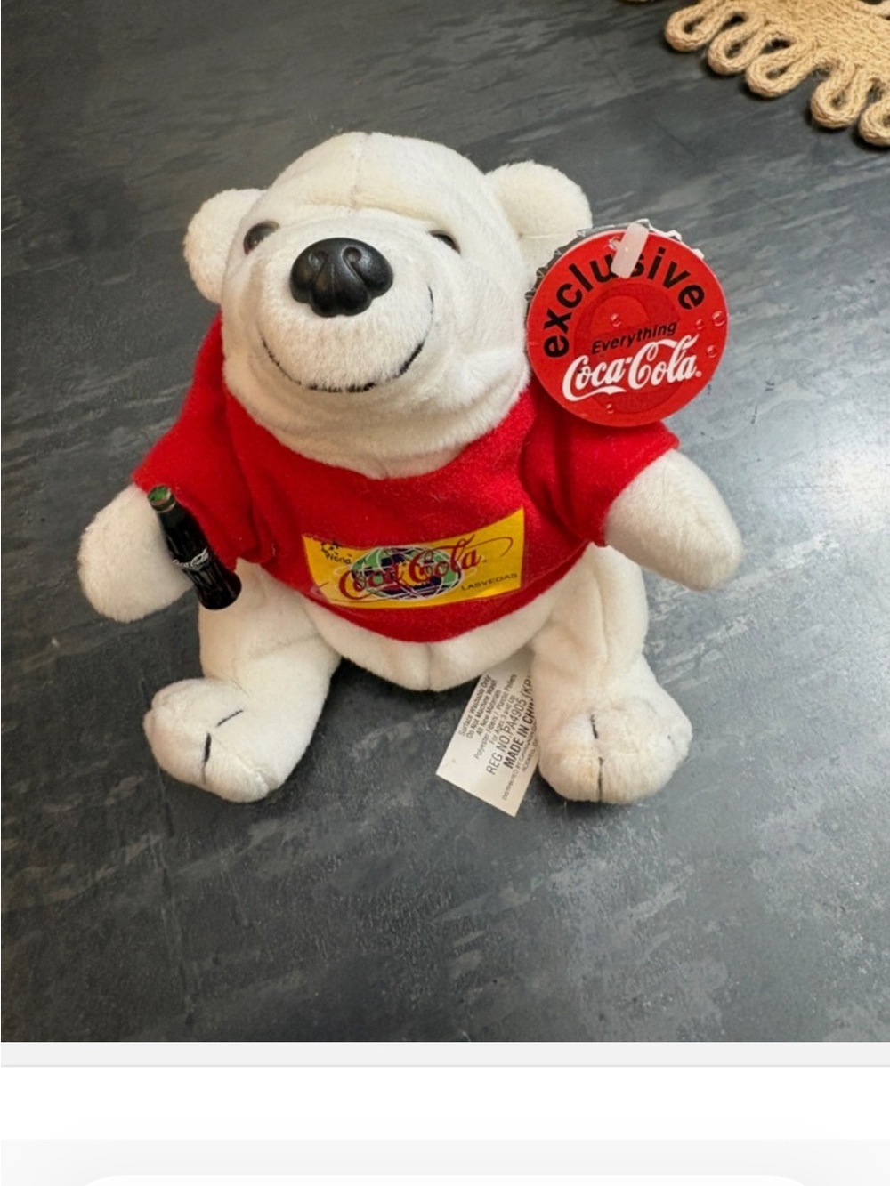 Coca Cola Plush Polar Bear in White and Red with glass Coca Cola Bottle